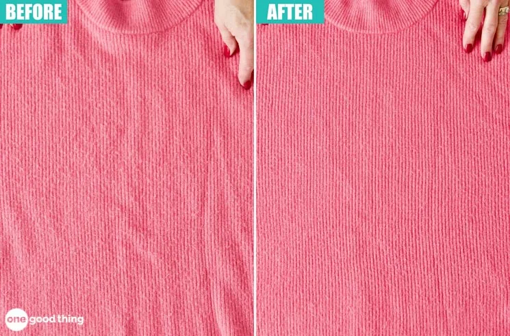 Before and after pilling removal on knit fabric