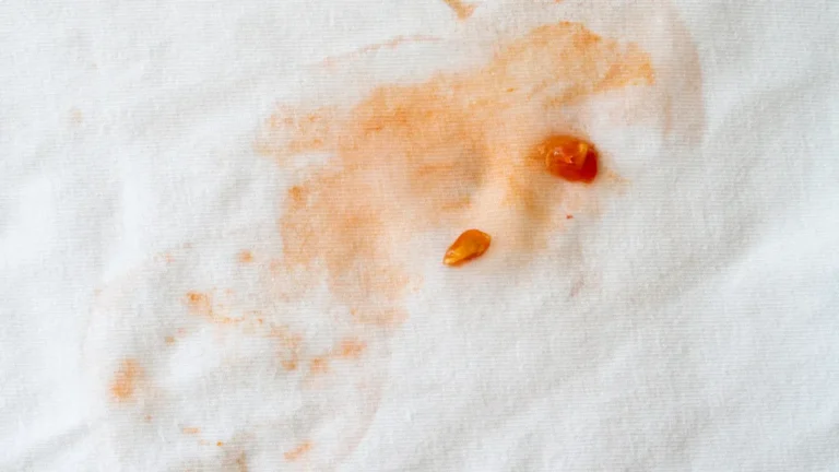 Red tomato sauce stain on white cotton fabric close up