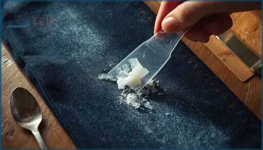 Scraping dried glue from denim with dull knife